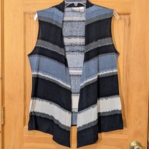 Chicos Sweater Vest Open Front Blue Black Sz 1 Med Striped Sleeveless Drape Boho